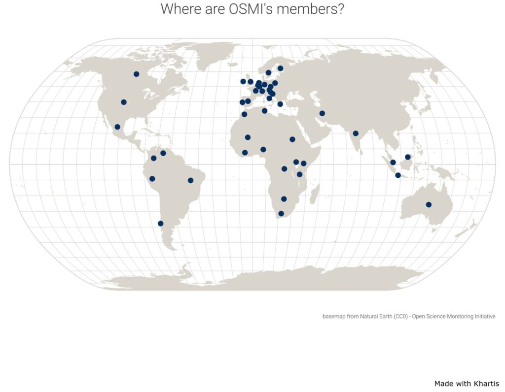 Worldmap on which there is a dot on every country represented in OSMI
